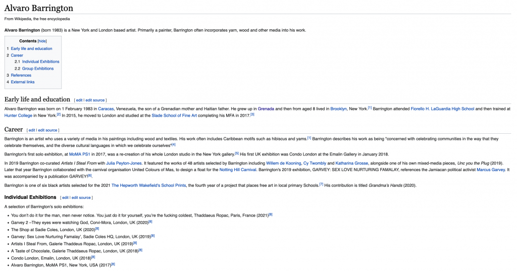A screenshot of the Wikipedia page for Alvaro Barrington