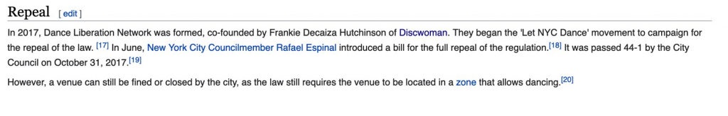 A screenshot of the 'Repeal' section of the Wikipedia page for the New York Cabaret Law after it was edited