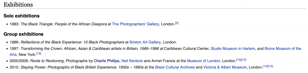 A screenshot of the 'Exhibitions' section of the Wikipedia page for Armet Francis before it was edited