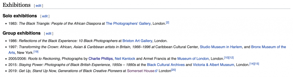 A screenshot of the 'Exhibitions' section of the Wikipedia page for Armet Francis after it was edited