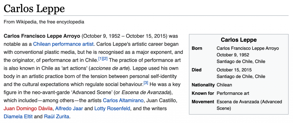 A screenshot of the Wikipedia article for Carlos Leppe
