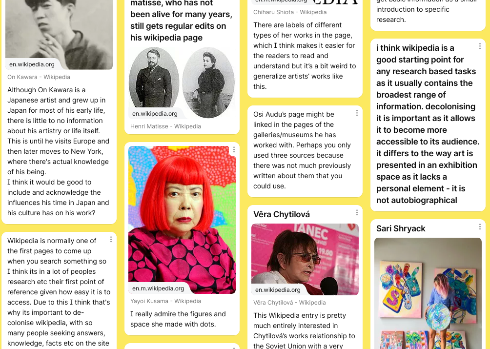 A screenshot of a Padlet containing entries from students as part of a workshop on decolonising Wikipedia